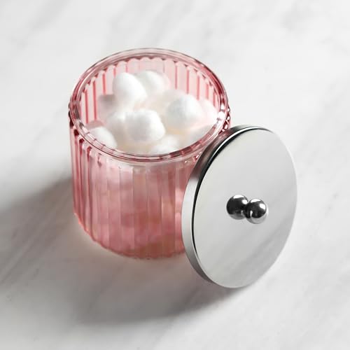 2 Pack Pink Glass Bathroom Canister Set with Silver Metal Lids