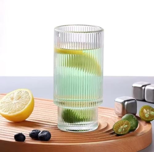 16OZ Ribbed Glass Cups with Lids and Straws (4*Glasses+4*Lids+4*Straws)