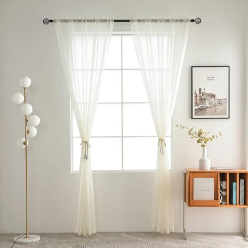 Ivory Sheer Curtains 4 Panels Rod Pocket Semi (Ivory / 52"W x 84"L (Pack of 4))