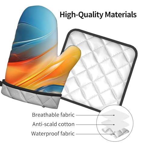 Burnt Orange Blue Abstract Fluid Oven Mitts and Pot Holders Sets of 3 (Blue Orange)