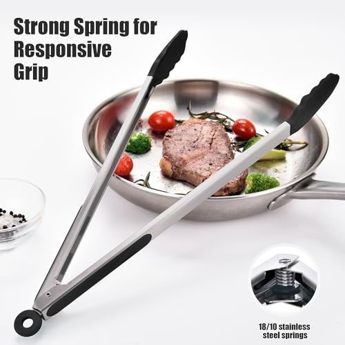 Kitchen Tongs with Silicone Tips for Cooking Serving (16in / Black)