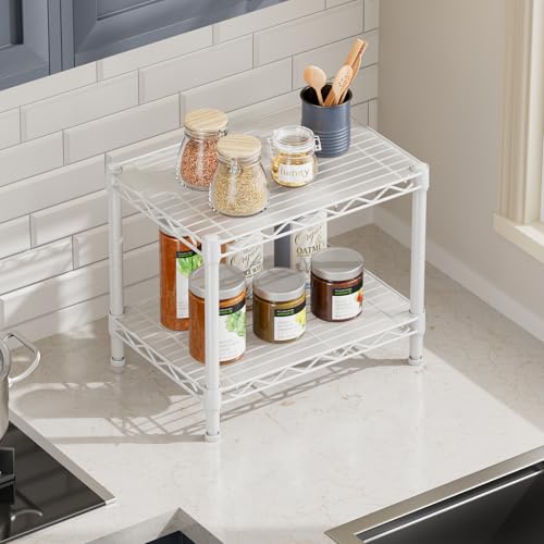 Small Shelves Kitchen Storage Shelf Wire Shelving Metal Adjustable (White / 2 Tier 11.6"Dx17.6"Wx12"H)