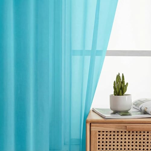 Sheer Curtains 63 Inch Length 2 Panels Set for Living Room Bedroom (Aqua / 42"W x 63"L (Pack of 2))