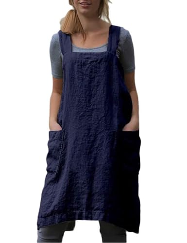 Women's Cotton Cross Back Pinafore with Big Pockets Practical Aprons for Gardening Works (Medium / Navy)