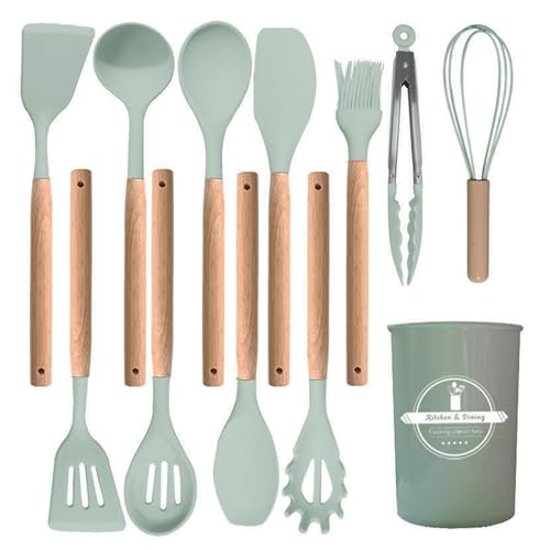 Kitchen Silicone Cooking Utensil Set with Wooden Handles Holder (Green -12pcs Sets)