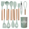 Kitchen Silicone Cooking Utensil Set with Wooden Handles Holder (Green -12pcs Sets)