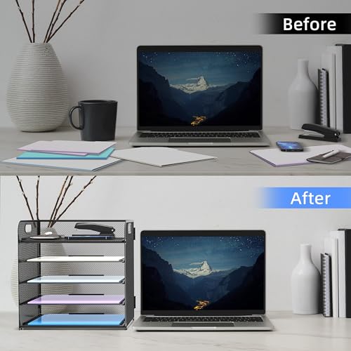 2 Pack 5 Tier Desk Organizer with Handle Mesh Desk File (Black)