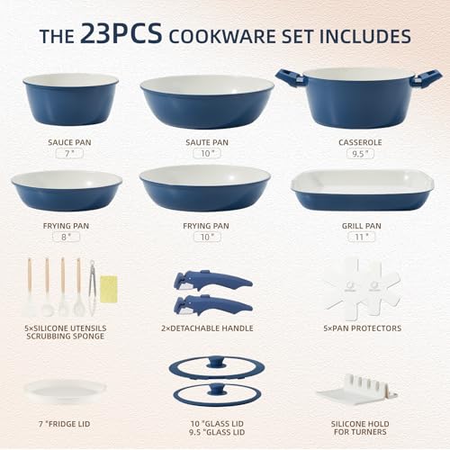 23pcs Ceramic Pots and Pans Set (Blue 23 Pcs)