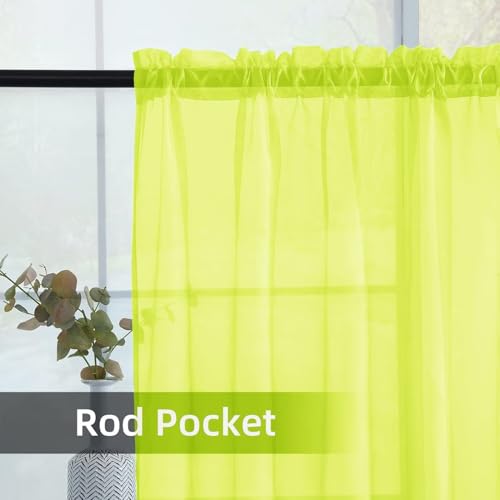 Solid Sheer Rod Pocket Curtain Voile Draperies 2 Panels White Beige Black Grey Ivory 52 Inch Width 90 Inch Long 1 Pair for Kitchen Bedroom Children Living Room Yard (Chartreuse / 52"W x 90"L (Pack of 2))