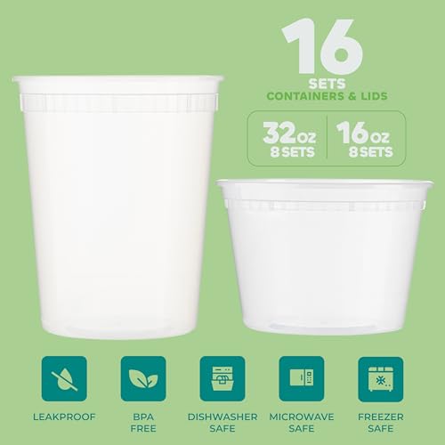 16 Sets Deli Containers with Lids (16 Sets 16 & 32 oz)