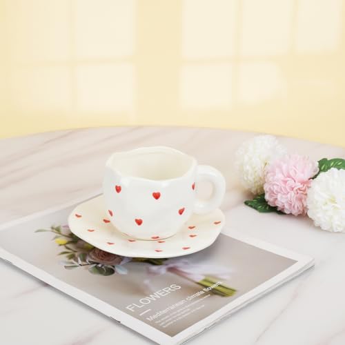 10oz Ceramic Mug With Saucer (Small Red Heart)