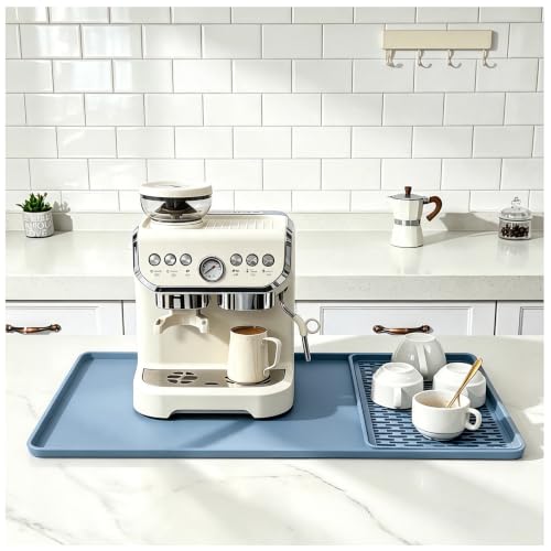 2 In 1 16"x20" Silicone Coffee Bar Mat Accessories for espresso Machine Heat Resistant with Detachable Dish Drying Rug Kitchen Office House Home Essentials Barista Stuff Women Gifts (Blue / 20" x 16")