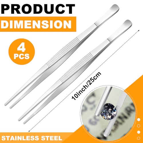 4 Packs 10 Inch Cooking Tweezers Bar Kitchen Tongs (10 Inch / Silver)