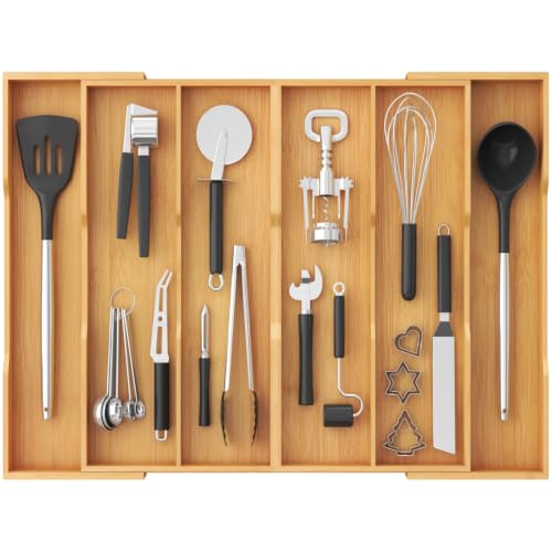 Bamboo Utensil Organizer for Kitchen Drawer (Natural / 17.8~28.3''W x 17'' D)