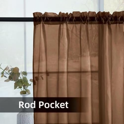 Solid Sheer Rod Pocket Curtain Voile Draperies 2 Panels White Beige Black Ivory Coffee 22 Inch Width 30 Inch Long 1 Pair for Kitchen Bedroom Children Living Room Yard (Brown / 22"W x 30"L (Pack of 2))