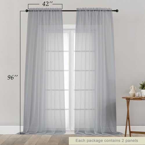 Light Grey Sheer Curtains for Bedroom Living Room 96 Inches Long 2 Panels (Light Grey / 42"W x 96"L (Pack of 2))