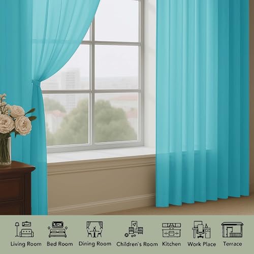 Turquoise Sheer Curtains 96 Inches 2 Panels for Living Room 59" Wide (Turquoise / 59"W x 96"L (Pack of 2))