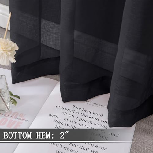 Short Sheer Curtains Living Room Linen Textured Curtain Sheers Light Filtering Voile Rod Pocket Curtains for Bedroom (38"W x 45"L (Pack of 2) / Black)