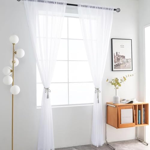 Solid Sheer Rod Pocket Curtain Voile Draperies 4 Panels White Beige Black Grey Ivory 52 Inch Width 45 Inch Long 1 Pair for Kitchen Bedroom Children Living Room Yard (Optical White / 52"W x 45"L (Pack of 4))
