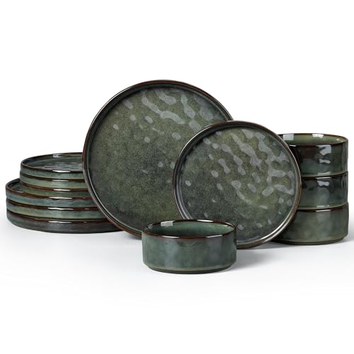 12 Pieces Stoneware Dinnerware Set (12-Piece / Moss Green)