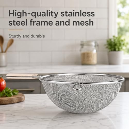 Stainless Steel Fine 8" Double Mesh Food Strainer Colander Sieve Sifter with Wooden Handle for Kitchen Rice Pasta Noodles (8")