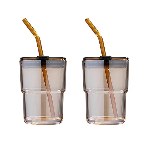 13oz 400ml Glass Tumbler Water Cup with Straw and Lid (Amber-2Pack)