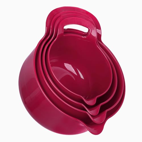 4 Pack Nesting Mixing Bowl Set with Pour Spout and Handle (Deep Carmine)