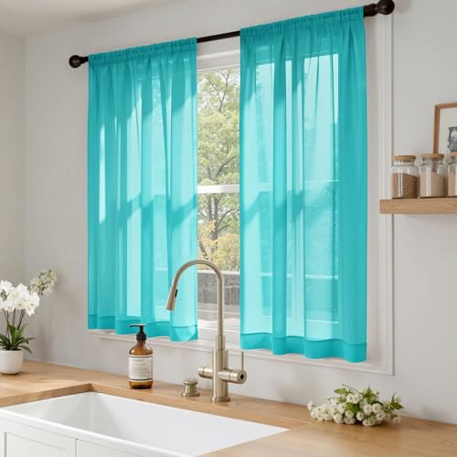 Turquoise Sheer Curtains 63 Inches Long 4 Panels 42 x 63 Inches (42"W x 63"L (Pack of 4) / Turquoise)