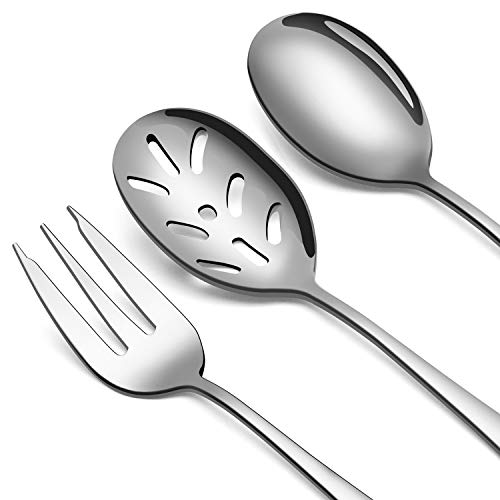 5-Piece 18/0 Stainless Steel Serving Set,Large Hostess Set with Round Edge,Mirror Finished,Dishwasher Safe -Spoons, Forks,Butter Knife& Slotted Spoon(Serving set, Silver) (Silver / 5-Piece)