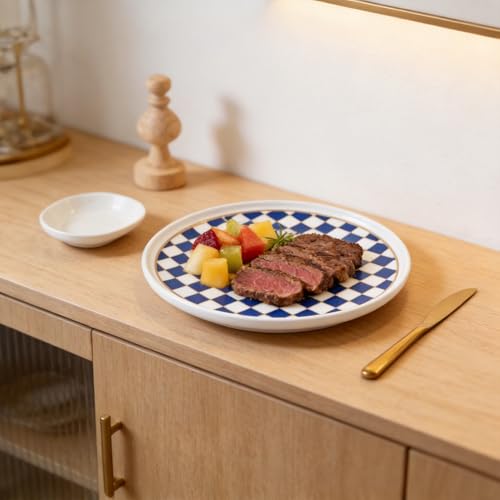 Ceramic Checkered Serving Plate with Gold Accent (Blue)