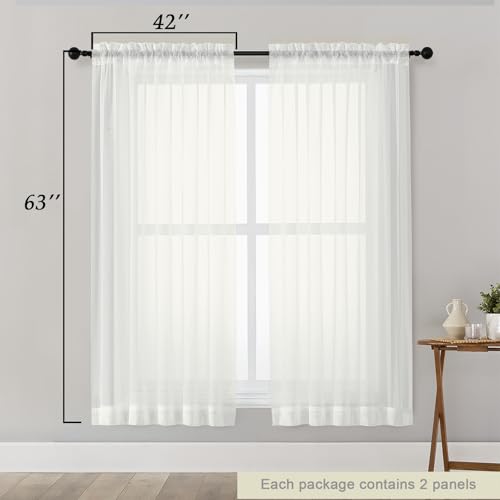 Sheer Ivory Curtains for Bedroom Living Room 63 Inch Length 2 Panels (Ivory / 42"W x 63"L (Pack of 2))