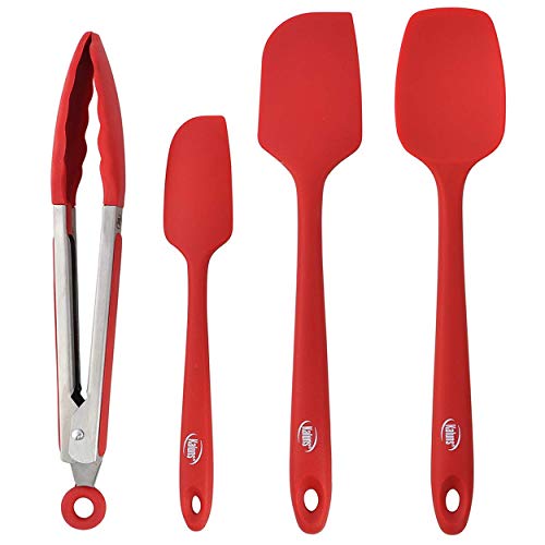 Silicone Spatula Set 4 Pcs Rubber Spatulas Silicone Heat Resistant 600°F (3 Pcs + Tongs Red)