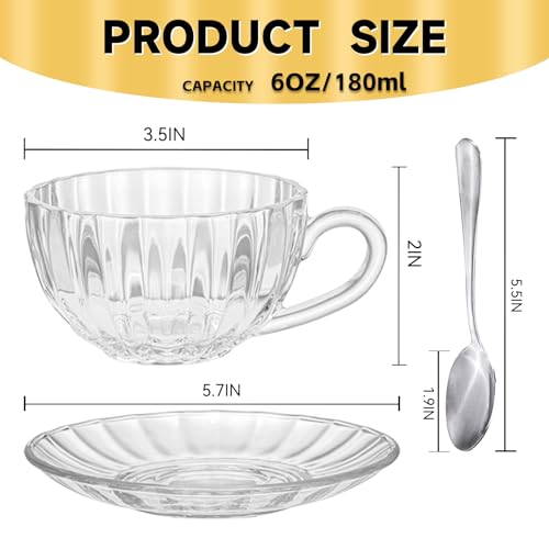 Glass Tea Cups and Saucers Set of 6 (Clear-6 Pack)