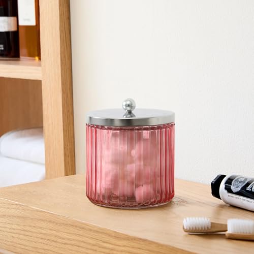 2 Pack Pink Glass Bathroom Canister Set with Silver Metal Lids