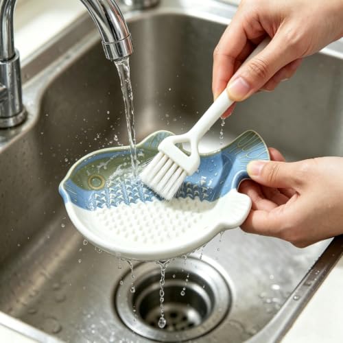 1PCS Ceramic Garlic Ginger Grater Plate with Brush 4.8 Inch (Fish-Shape)