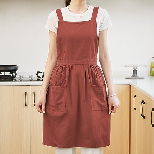 Cute Cotton Pinafore Aprons for Women with Pockets for Kitchen (Burnt Orange)