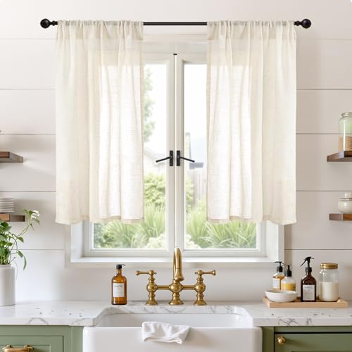 Beige Linen Curtains 45 Inch Length for Short Kitchen Cafe Window (Light Beige / 30"W x 45"L (Pack of 2))