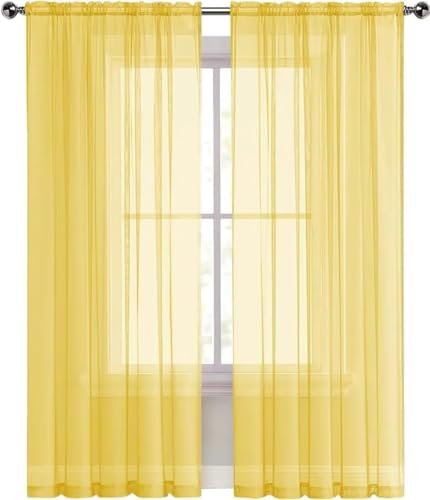 Yellow Sheer Curtains 4 Panels Rod Pocket Semi (Yellow / 52"W x 54"L (Pack of 4))
