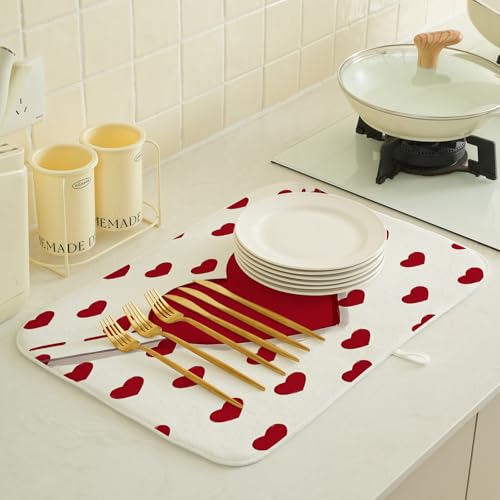 Valentines Dish Drying Mat 18x24 Inch Red Hearts Dish Drainer Protector Pad for Kitchen Counter Absorbent Holiday Love Drying Pad for Drainer Rack Kitchen Fast Dry (Red Hearts-2 / 18" x 24")