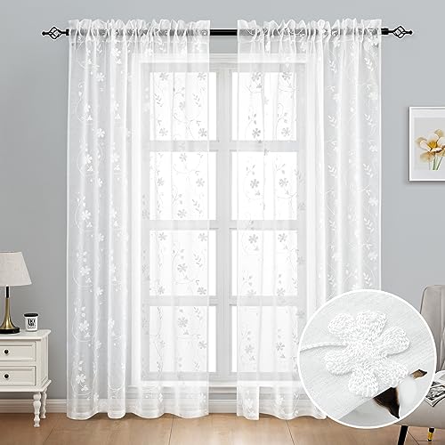 White Sheer Curtains 96 Inches Long 2 Panels White Embroidered Floral Pattern Semi Sheer Window Curtains for Bedroom Living Room (52"W x 96"L (Pack of 2) / White)