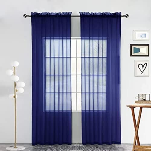 Sheer Voile Window Treatment Rod Pocket Curtain Panels for Kitchen Bedroom Living Room Drapes Sunlight Filtering Privacy Semi Home Decor Assorted Colors Sizes (Navy / 52"W x 63"L (Pack of 2))