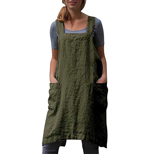 Japanese Pinafore Apron Smock Cotton Apron with Pockets Plus Size Aprons for Women (Army Green / X-Large)