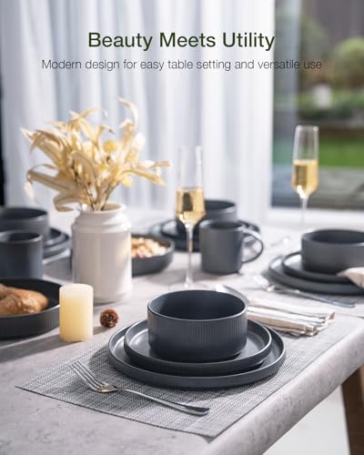 Star Stoneware Dinnerware Sets with Pasta Bowls (Matte Dark Charcoal)