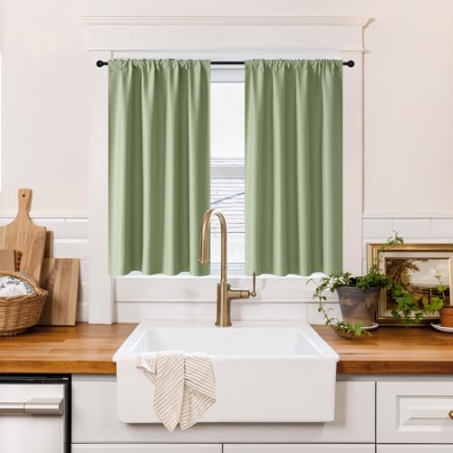 100% Blackout Short Curtains for Small Window (100% Blackout - Sage Green / 42"W x 36"L (Pack of 2))