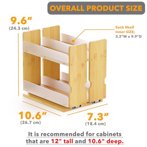 Bamboo Pull Out Spice Rack Organizer for Cabinet (7.3" Wide, 2 Drawers(3" Wide), 2-Tier / Natural)