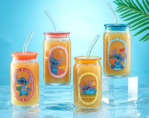 Disney Stitch Island Vibes Glass Tumblers with Lids and Straws (Stitch)