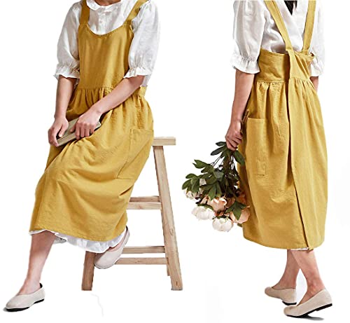 Women Girls Vintage Cute Apron Gardening Works Cross Back Cotton (Yellow / 32.3" x 41.3")