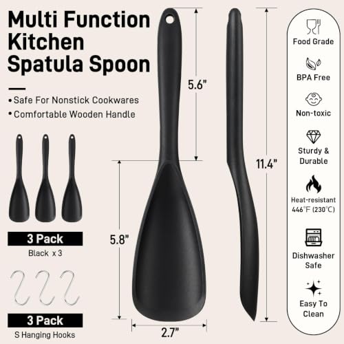 3 PACK Silicone Cooking Spatula & Spoon for Nonstick Cookware (3 Pack Black)