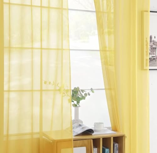 Solid Sheer Rod Pocket Curtain Voile Draperies 2 Panels White Beige Black Ivory Coffee 26 Inch Width 40 Inch Long 1 Pair for Kitchen Bedroom Children Living Room Yard (Yellow / 26"W x 40"L (Pack of 2))