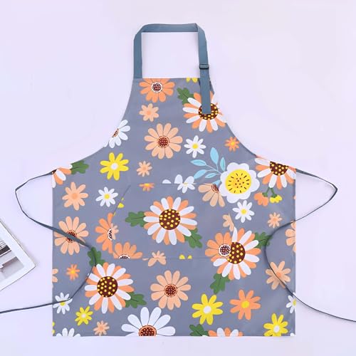 Floral Aprons with Pocket Blooming Floral Womens Waterproof Apron (Sunflower Grey)